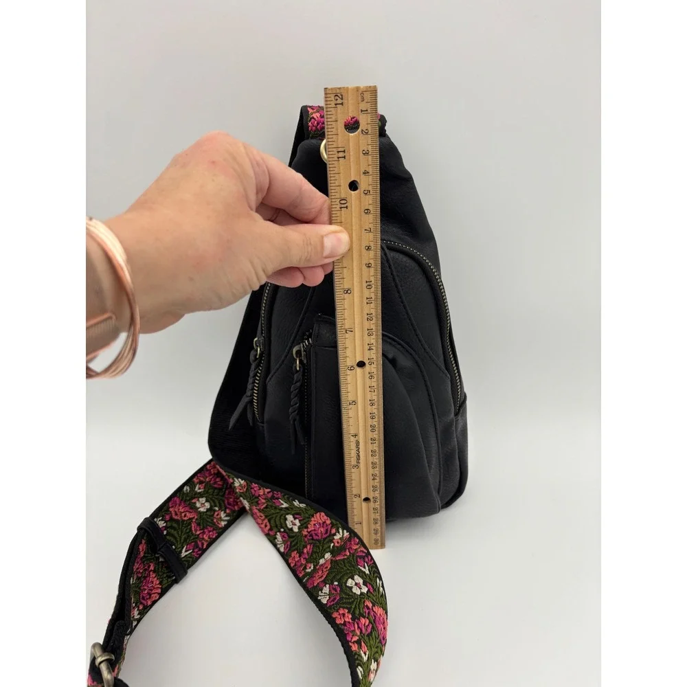 ANTIK KRAFT Black Vegan Leather Crossbody Sling Bag Floral Strap Embroidered